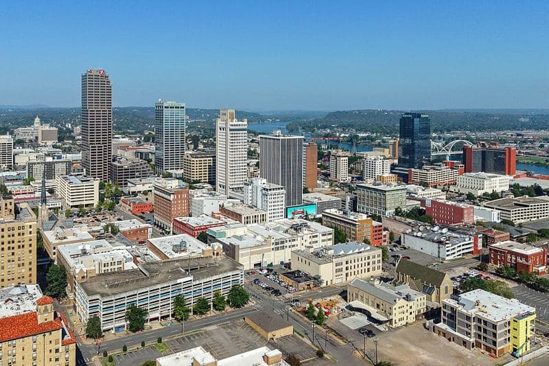 Aerial view of downtown Little Rock, Arkansas, a city of 202,591 people known as the state capital and a regional center for government, hea