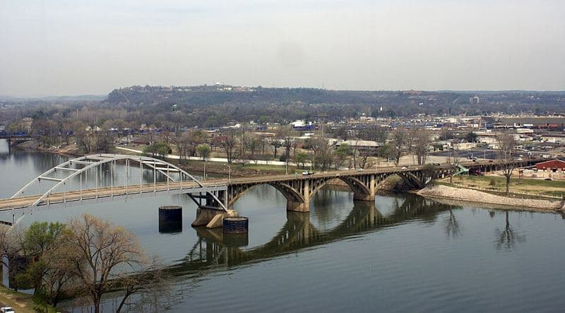 Arkansas River, Looking Across To North Little Rock; Taken from the 18th floor of the Peabody Hotel in Little Rock, through a window, of cou