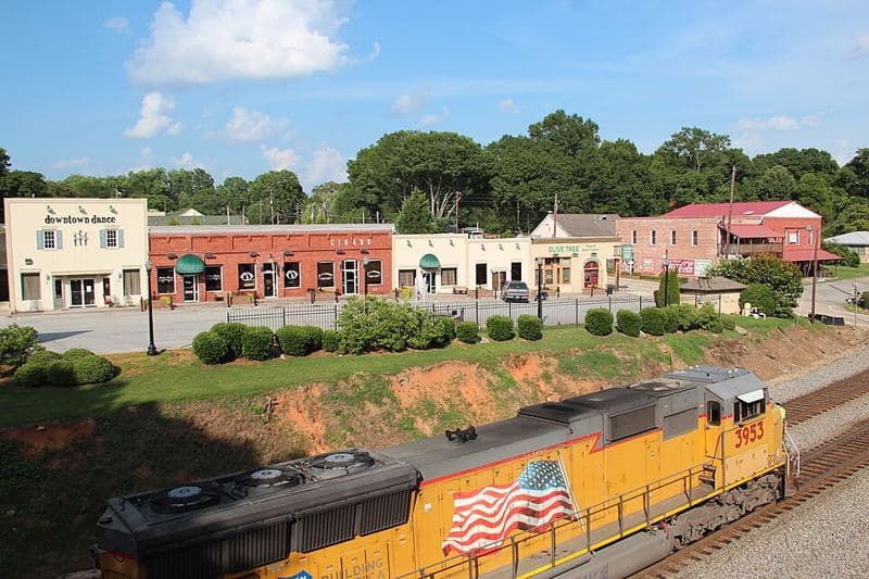 Downtown Hiram Georgia, viewed from a bridge