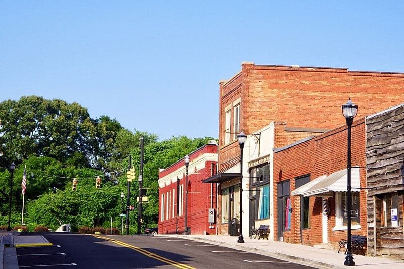 Buildings along Mill Street (S 338) in Inman, South Carolina, United States.