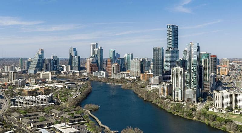 The skyline of Austin, the capital city of Texas. With a population of 961,855, it's the 13th-most populous city in the U.S.