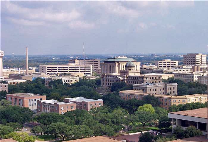View of a portion of the Texas A&M University campus from the top of the North End-zone of Kyle Field, at College Station, Texas, United