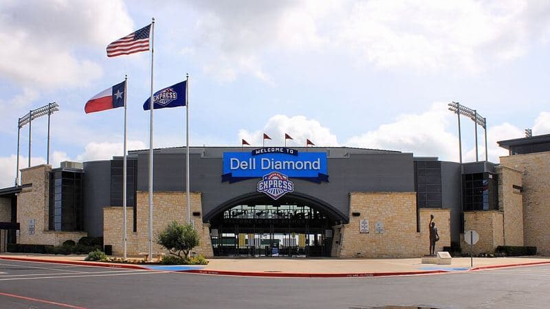 The southwest entrance to the Dell Diamond in Round Rock, Texas United States. Dell Diamond is the home stadium of the Round Rock Express cl