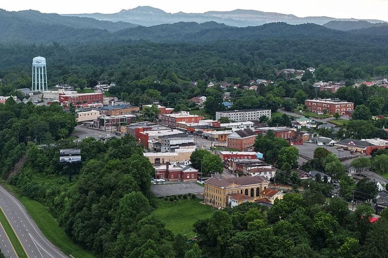 Aerial view of downtown Oak Hill, West Virginia, a city of 8,179 residents near New River Gorge National Park and Preserve.