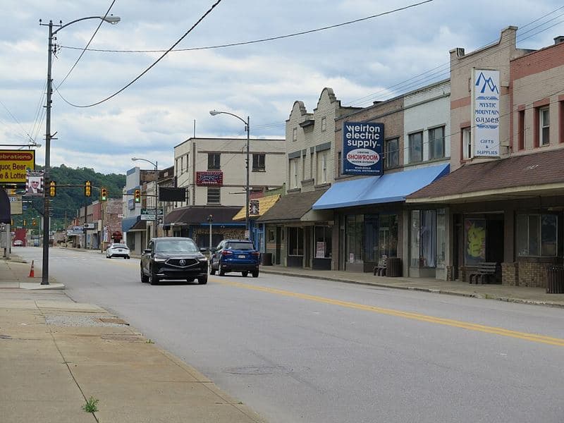 Looking south down Main Street in downtown Weirton, West Virginia. The absence of pedestrian traffic is not something unique to Sundays; mos